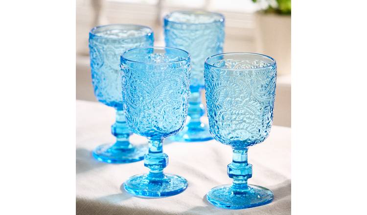 Dibor Set of 4 Paisley 300ml Glass Wine Glasses - Blue