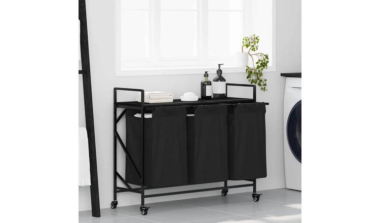 Walplus Laundry Basket 3 Compartments with Wheels - Black - 99 x 33 x 82 cm