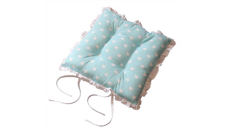 Homescapes Reversible White Frilled Cushion Seat Pad with Ties Blue Stars