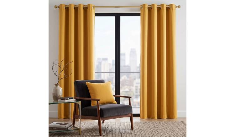 Homescapes Mustard Yellow Plain Cotton Eyelet Curtains - 117cm x 137cm