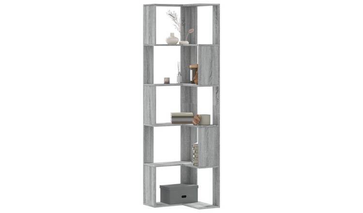 Walplus 5 Tier Engineered Wood Corner Bookcase - Grey and Oak - 50 x 50 x 179 cm