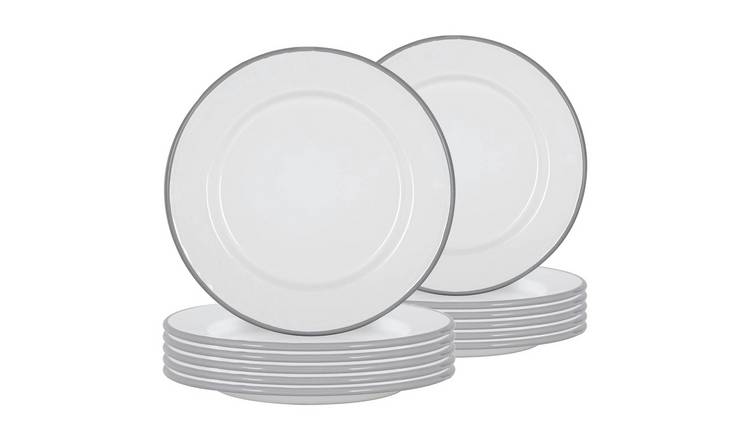 Argon Tableware White Enamel Dinner Plates - Grey - Pack of 12