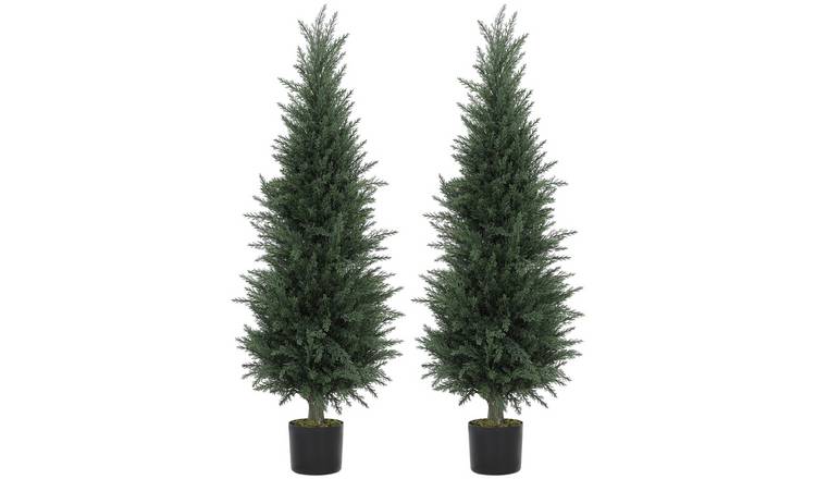 HOMCOM Set of 2 4FT Artificial Cypress Tree with Plastic Pots - Green