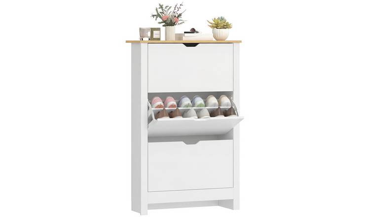 HOMCOM Space Saving Shoe Storage Cabinet with 3 Flip Drawers - High Gloss White