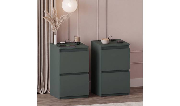Vida Designs Denver 2 Drawer Bedside Chest With Power Outlet Set of 2 - Green