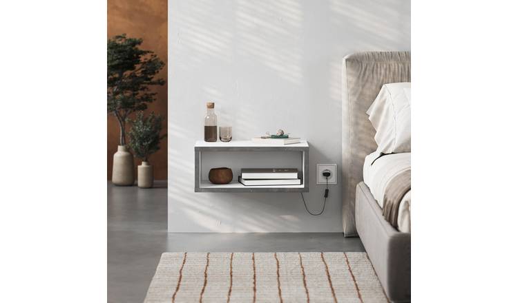Decortie Brik Particleboard Wall-Mounted Bedside Shelf - White & Retro Grey