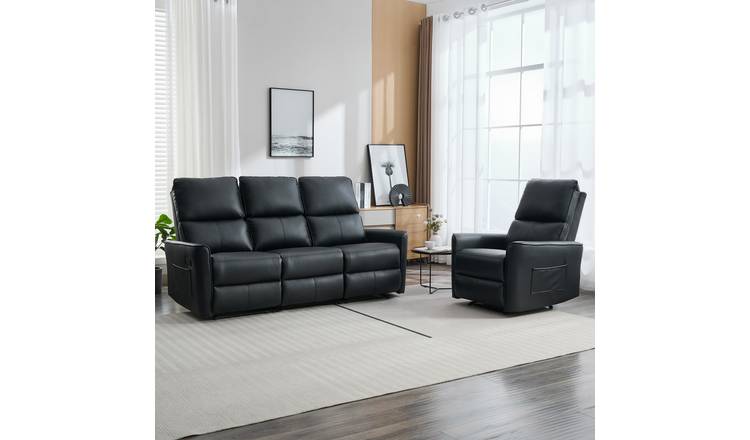 Furniture Online Madrid Manual Recliner Leather 1+3 Seater Sofa Set - Black