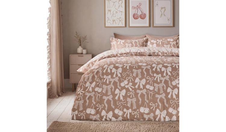 OHS Illustrated Bows Reversible Polycotton Duvet Cover Set Natural - Double