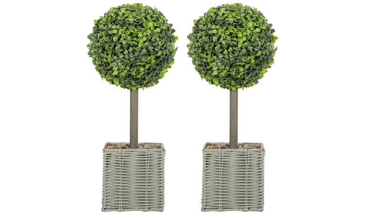 HOMCOM Set of 2 Artificial Topiary Balls Boxwood with Woven Pot - Green