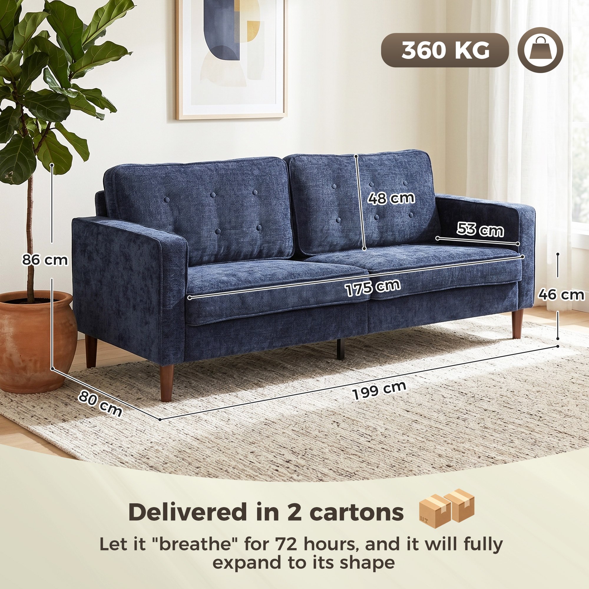 HOMCOM 3 Seater Velvet Modern Button Tufted Sofa - Dark Blue - Image 8