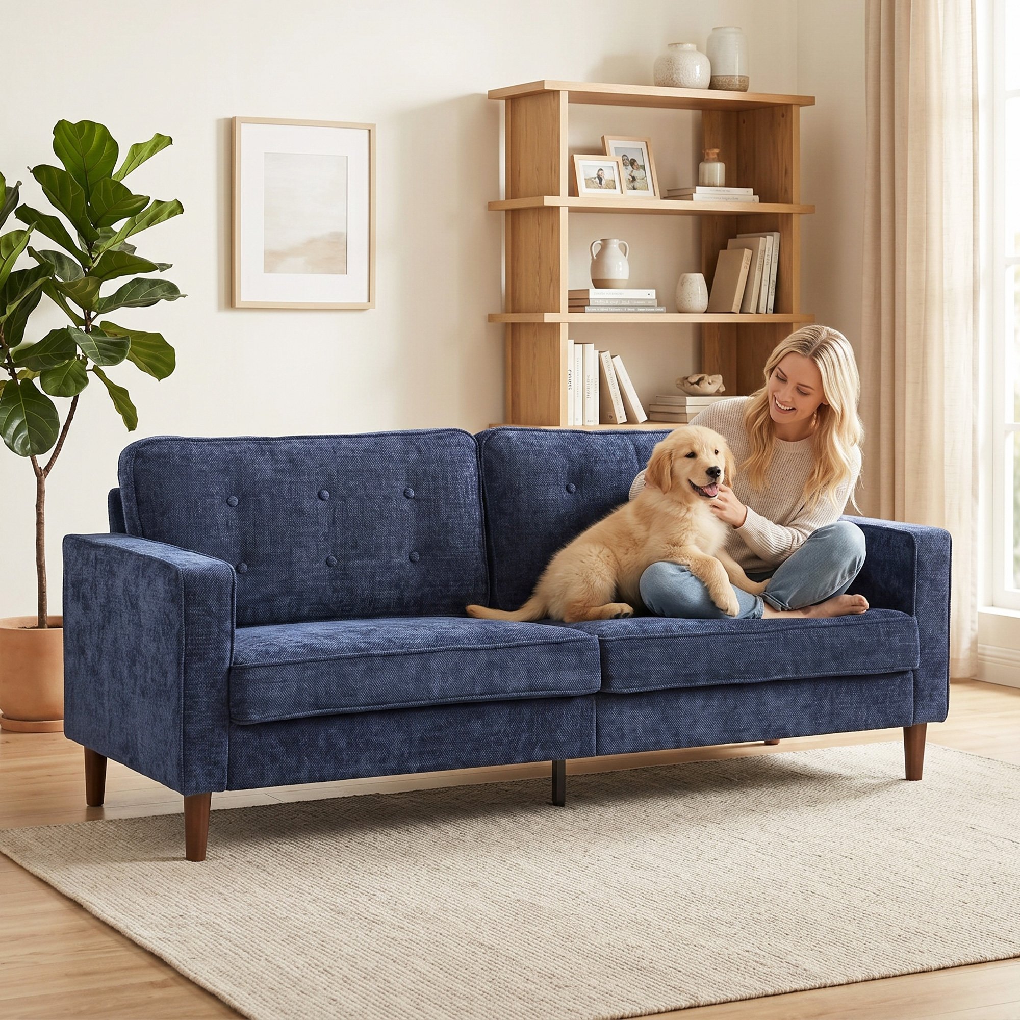 HOMCOM 3 Seater Velvet Modern Button Tufted Sofa - Dark Blue - Image 6