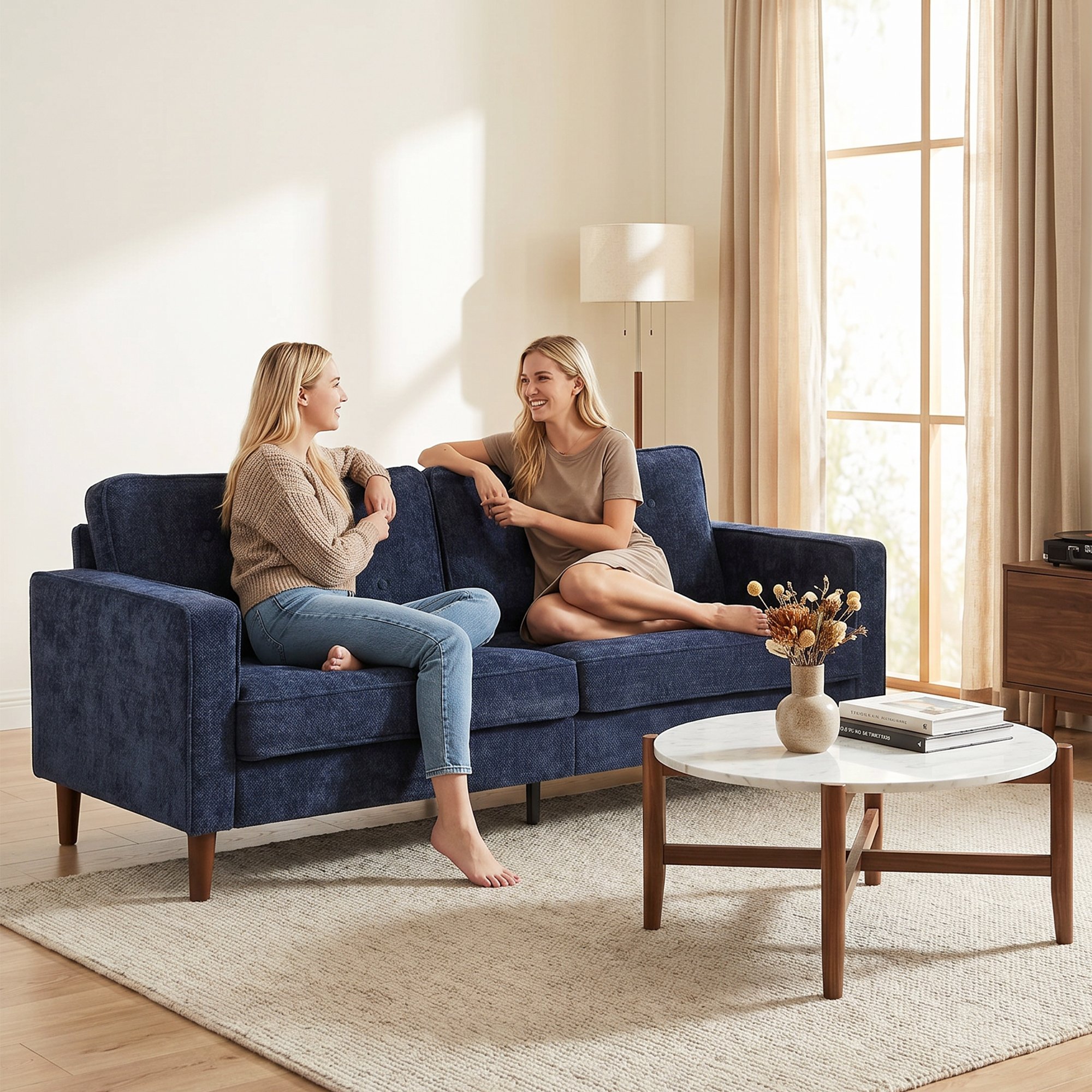 HOMCOM 3 Seater Velvet Modern Button Tufted Sofa - Dark Blue - Image 7