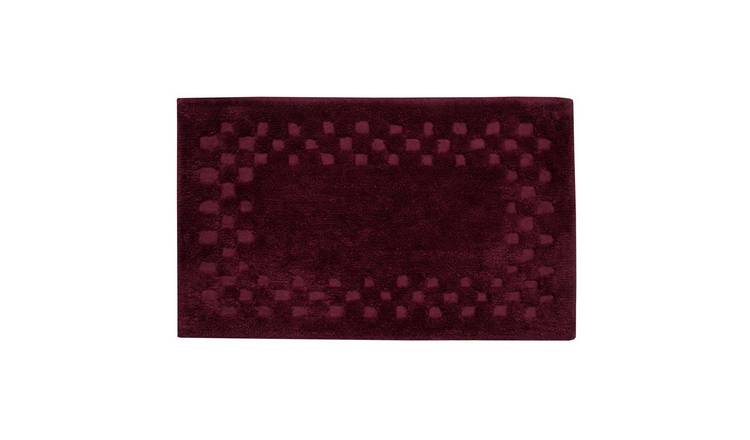 Homescapes Cotton Check Border Bath Mat - Aubergine