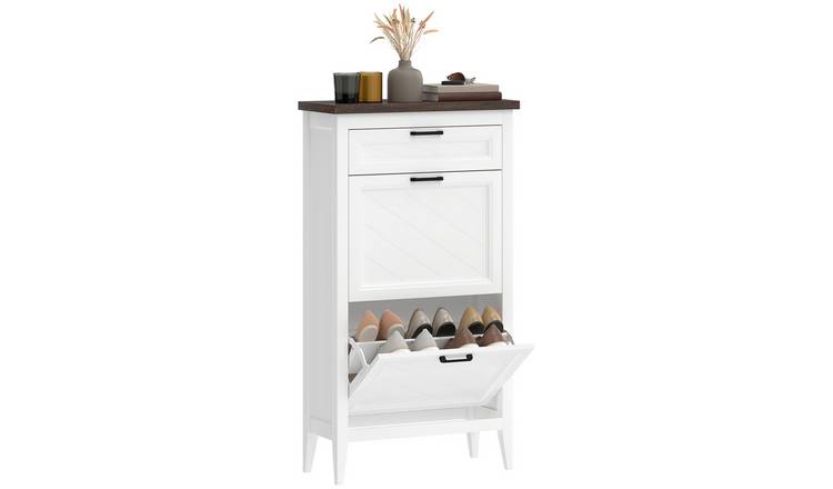 HOMCOM Farmhouse Narrow Shoe Storage Cabinet with Drawers - White