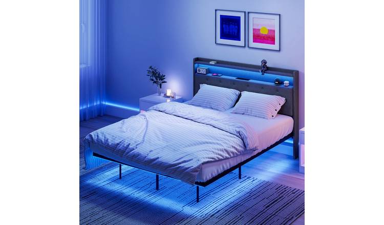 HOMCOM 4FT6 Double Floating Bed Frame with Lights and Charging Station - Grey