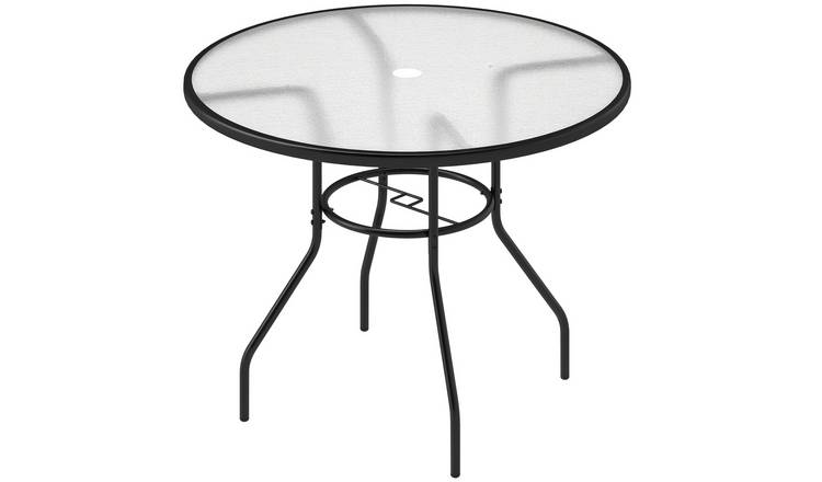 Outsunny Round Garden Dining Table with Parasol Hole and Glass Top - Black