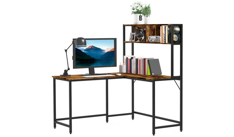 HOMCOM L Shaped Industrial Corner Computer Desk with Book Shelf - Brown