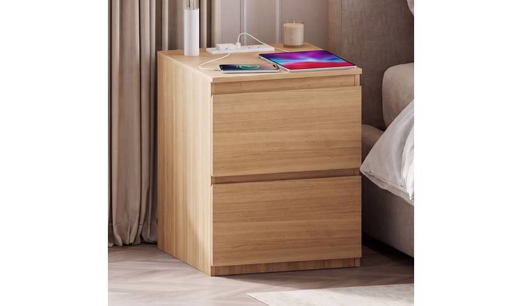 Vida Designs Denver 2 Drawer Large Bedside Chest with Power Outlet - Pine