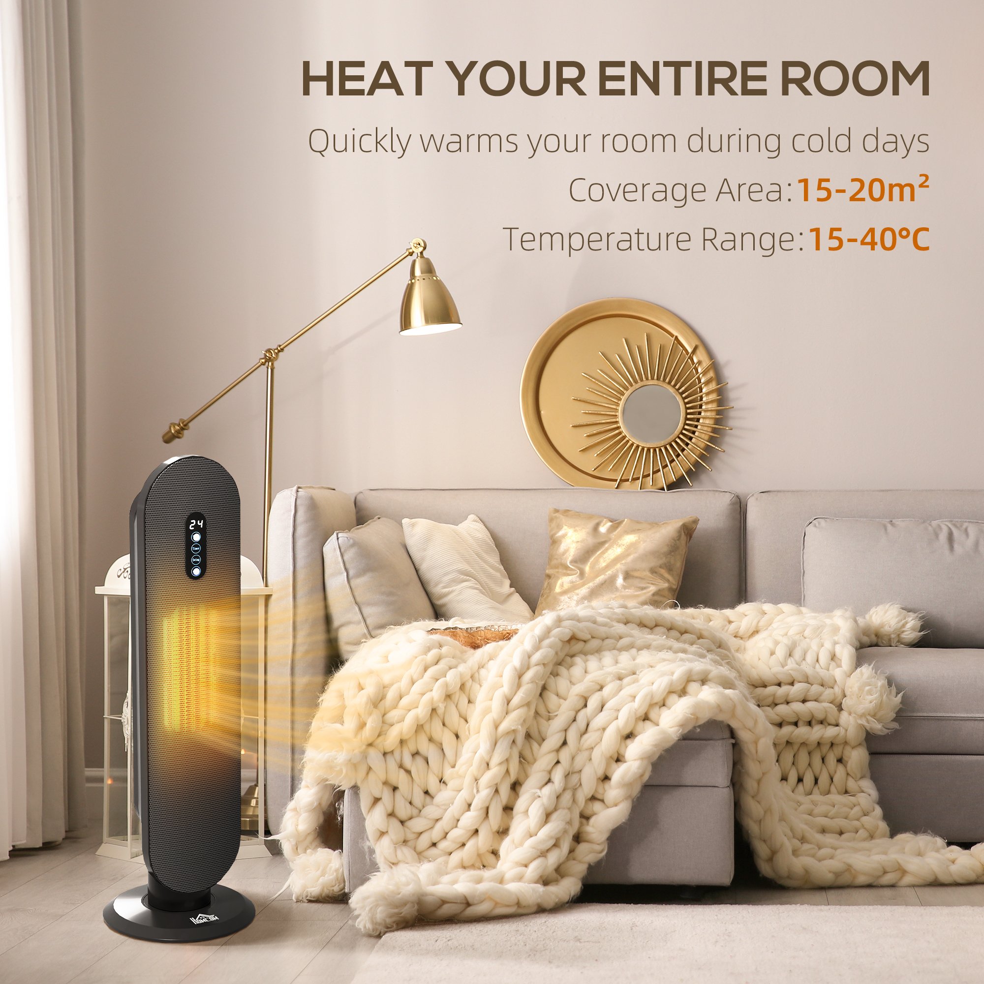 HOMCOM Electric Heater with 2 Heat and Remote Control - Black - Image 3