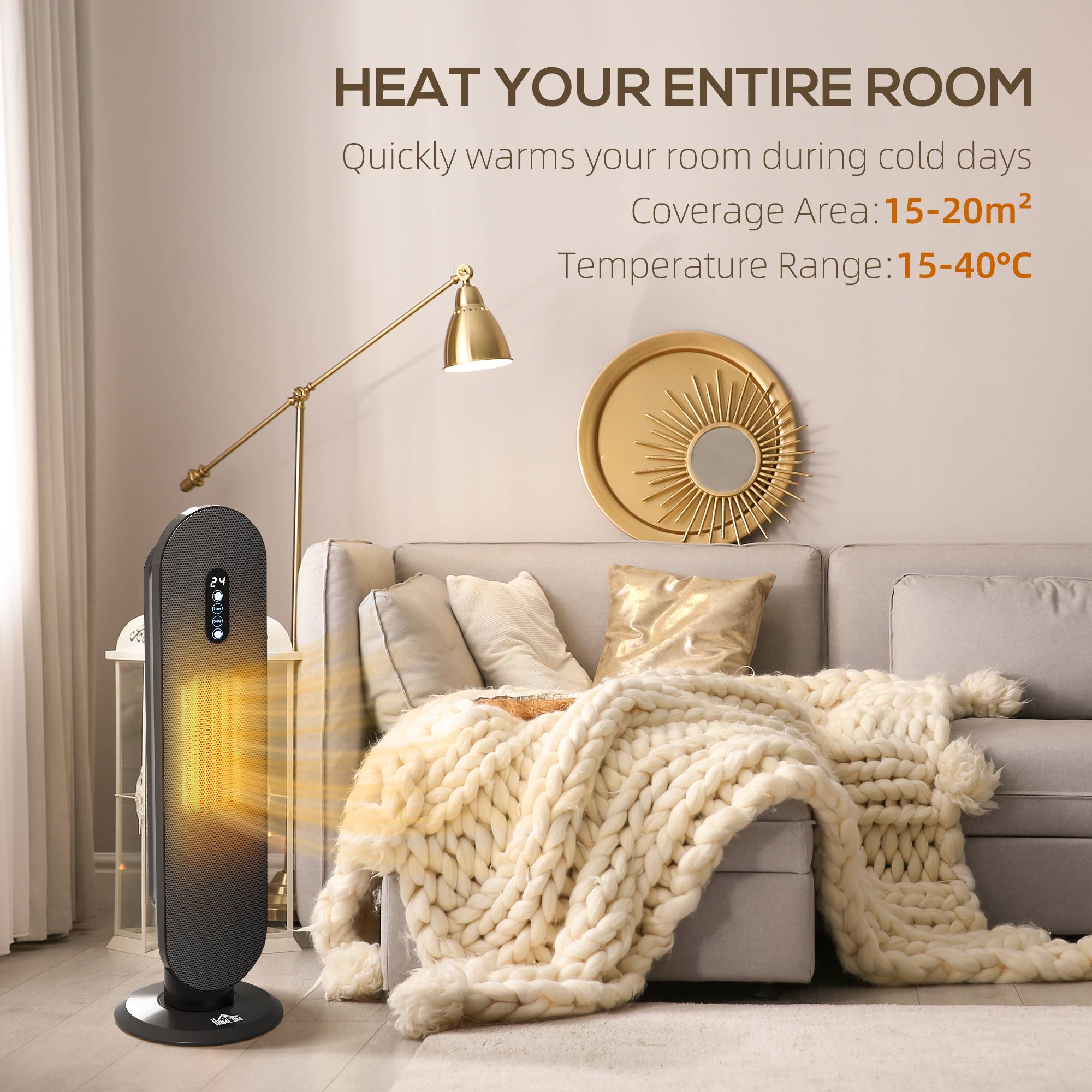 HOMCOM Electric Heater with 2 Heat and Remote Control - Black - Image 3