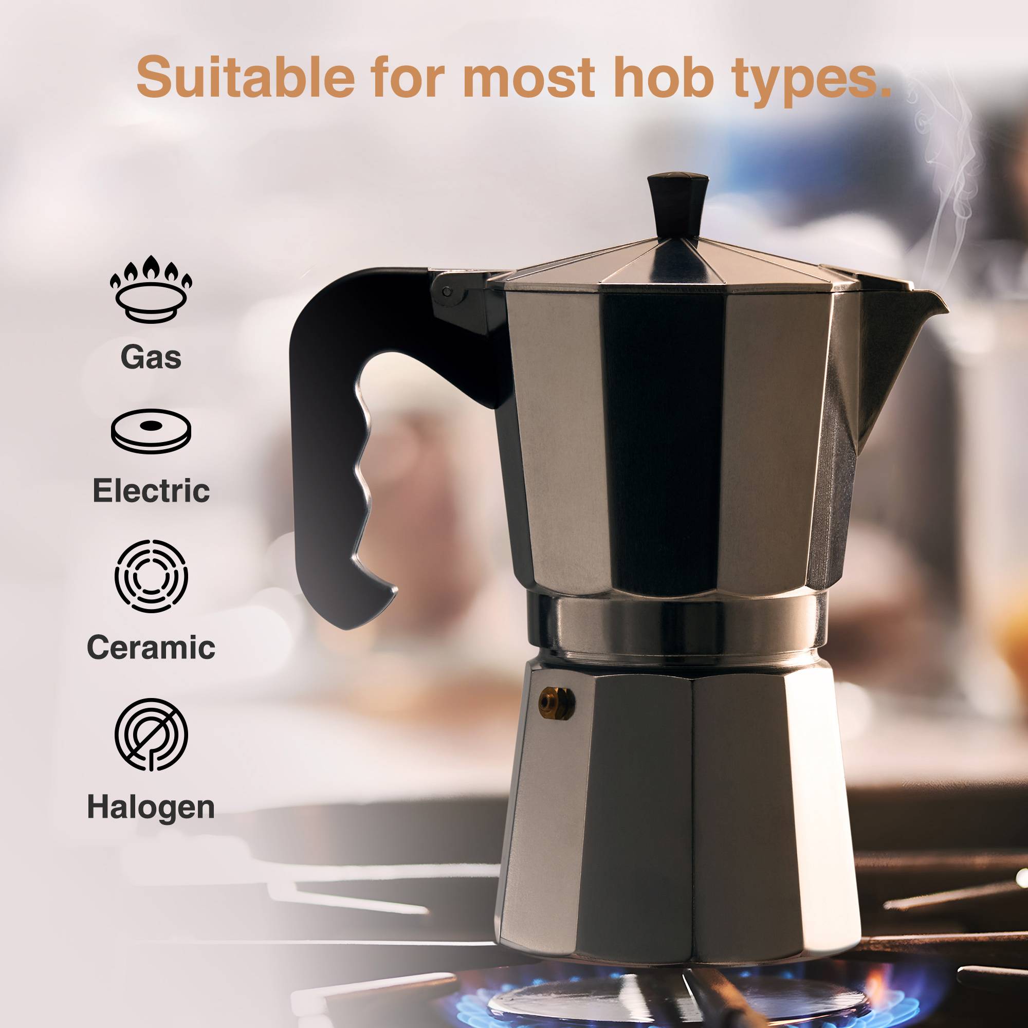 VonShef 9 Cup/450ml Italian Espresso Moka Coffee Maker - Silver - Image 3