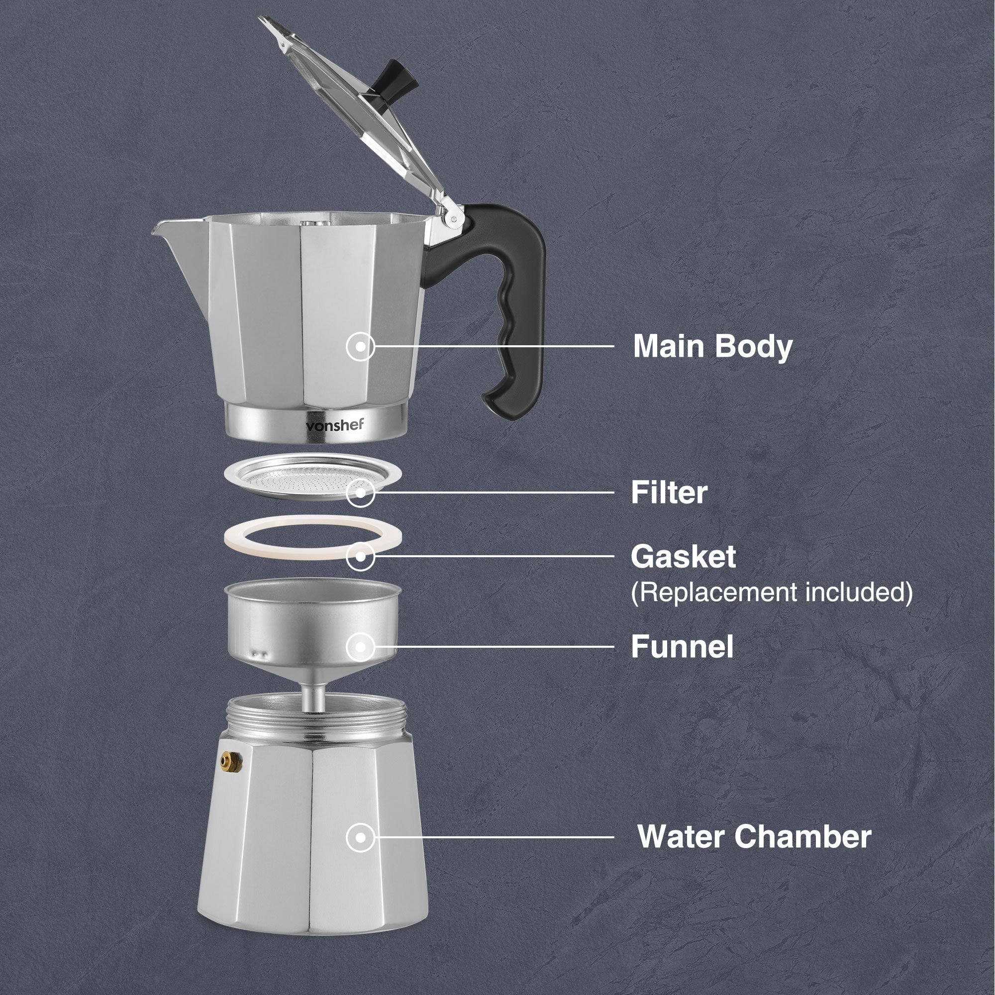 VonShef 9 Cup/450ml Italian Espresso Moka Coffee Maker - Silver - Image 5