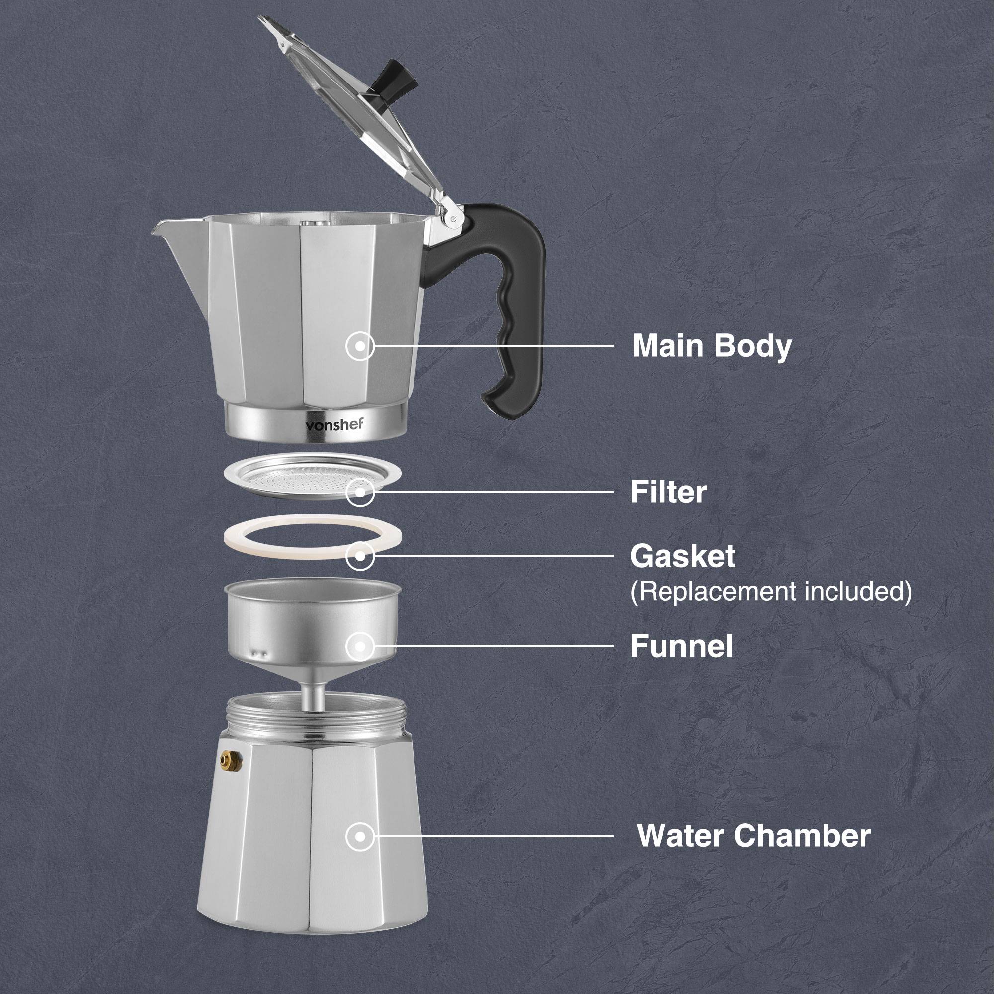 VonShef 9 Cup/450ml Italian Espresso Moka Coffee Maker - Silver - Image 5