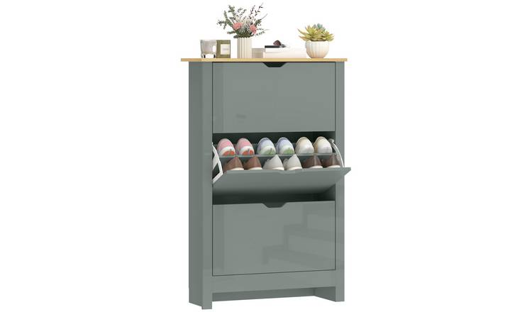 HOMCOM Space Saving Shoe Storage Cabinet with 3 Flip Drawers - High Gloss Grey