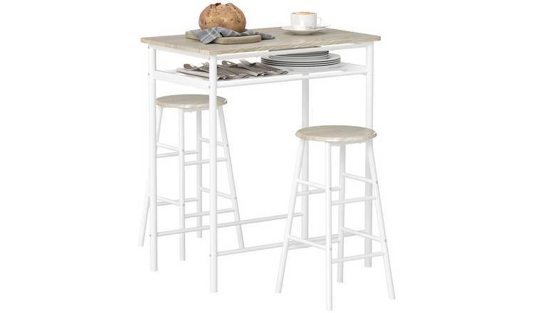 HOMCOM 3 Piece Bar Table and 2 Stools Set with Storage Shelf - White Oak