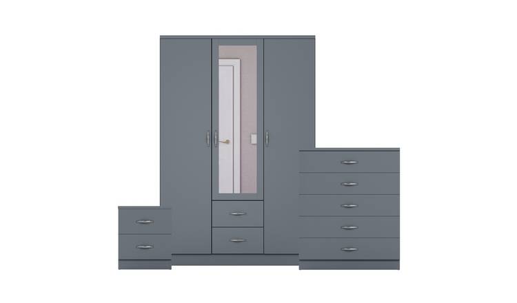 Vida Designs Riano Bedroom Set (Bedside, 5 Drawer Chest, Mirror Wardrobe) - Grey