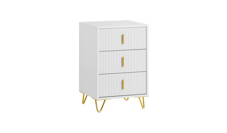 SoBuy 3 Drawer Gold Metal Legs Slim Bedside Table - White