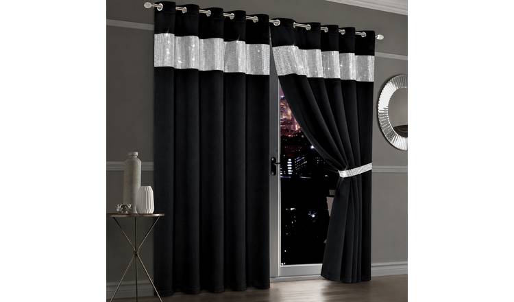 New Edge Blinds Black Diamante Blackout Eyelet Curtains - 167cm x 137cm