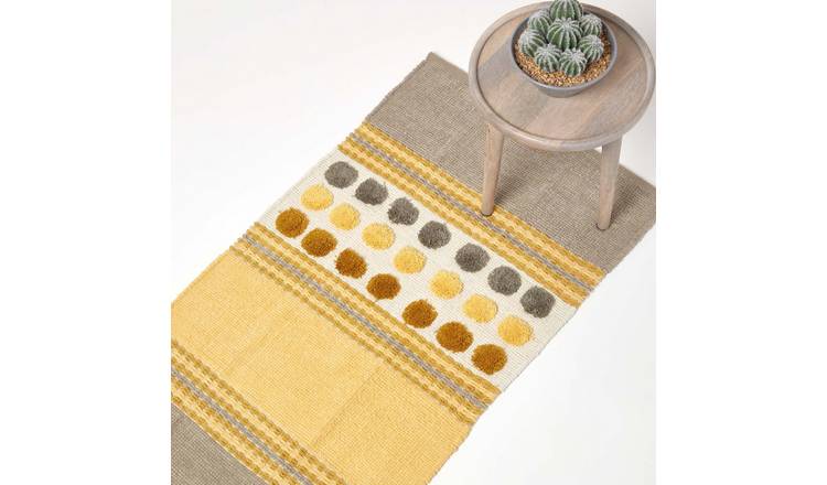 Homescapes Grey & Mustard Cotton Chenille Tufted Circle Runner - 66 x 200cm
