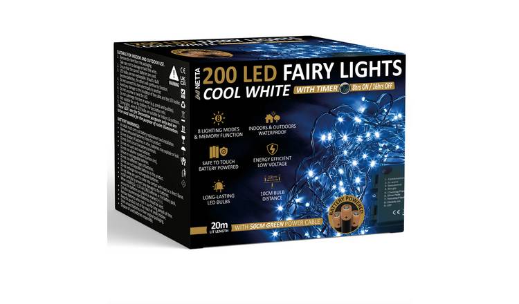 NETTA 20m 200 LED Battery Operated Christmas Fairy Lights - Cool White