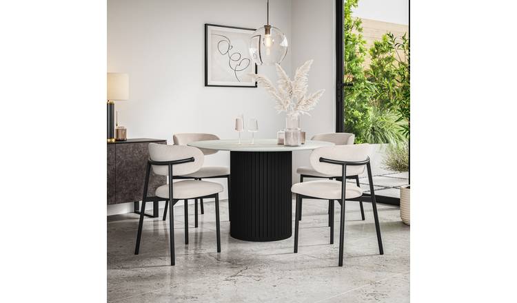 Furniture Online Arlo Myla Marble Top w Blk Legs Dining Table & 4 Beige Chairs
