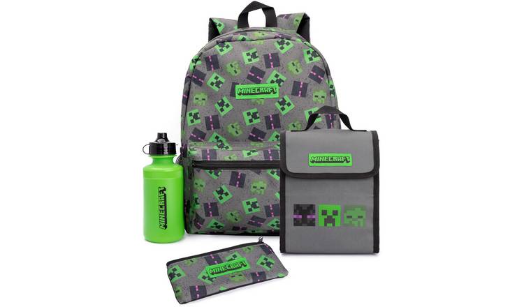Minecraft Creeper Kids Boys 4 Piece Backpack Set - Grey