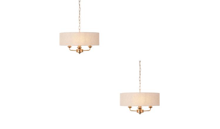 Loops Direct Set of 2 Steel 100% Linen 3-Light Pendant - Vintage Brass