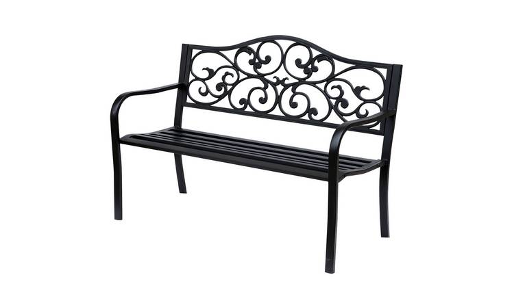 Outsunny 2 Seater Metal Garden Bench with Floral Backrest - Black