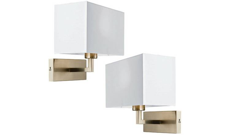 Loops Direct Pack of 2 Steel and Fabric Wall Light - Satin Nickel and White