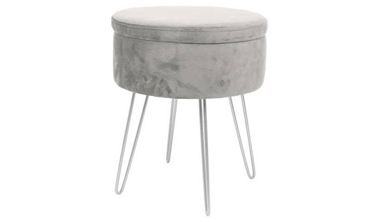 Harbour Housewares Round Velvet Storage Footstool with Silver Legs - Grey