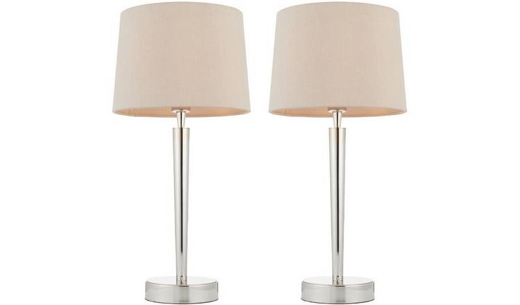 Loops Direct Pack of 2 Steel and Fabric Table Lamp - Bright Nickel/Mink