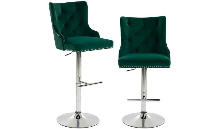 HOMCOM Set of 2 Velvet Bar Stools with Button Tufted Back and Footrest - Green