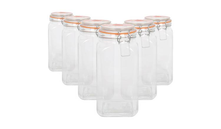 Argon Tableware Square Glass Jars with Clip-Top Lids - Pack of 6
