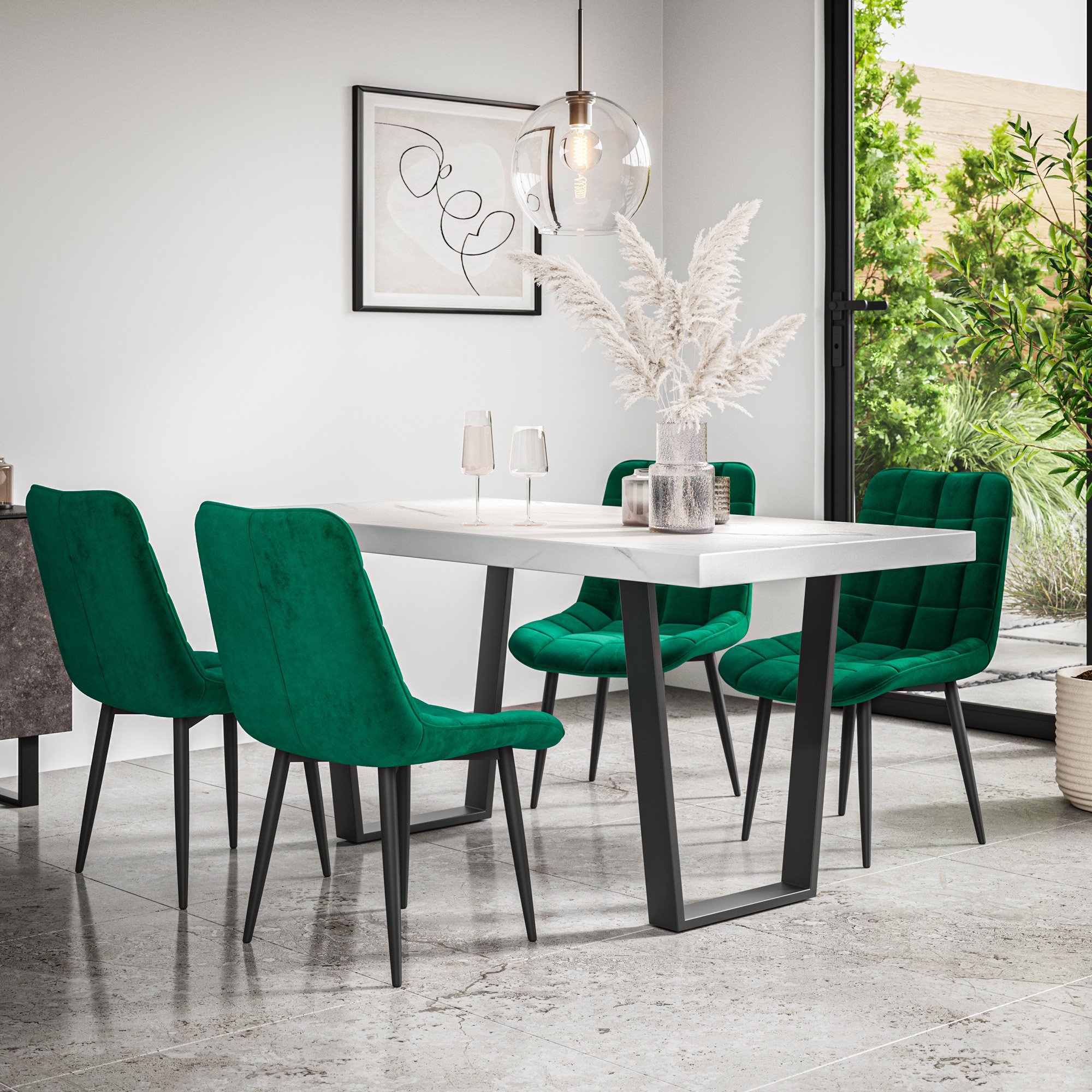 Furniture Online Aria Nova Marble Effect Dining Table & 4 Green Chairs - Image 1