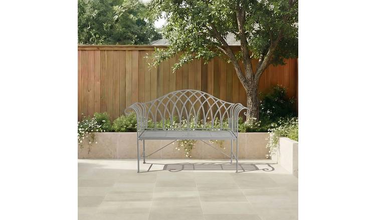 Charles Bentley Decorative Rustic Metal Garden Bench - Grey