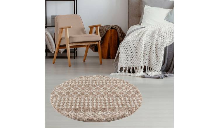 The Rugs Beige Moroccan Shaggy Tribal Round Rug - 120cm