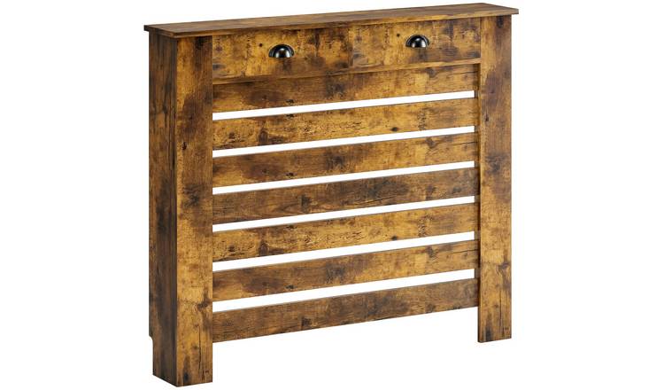 HOMCOM 111cm MDF Slatted Radiator Cover with Drawer - Rustic Brown