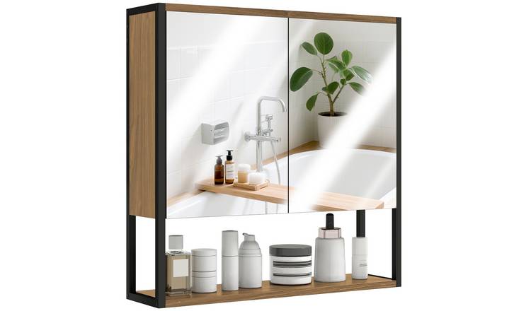 HOMCOM Bathroom Mirror Cabinet Wall Mounted - Natural wood finish