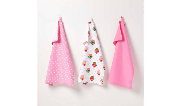 Homescapes Pack of 3 Cotton Tea Towels - Pink