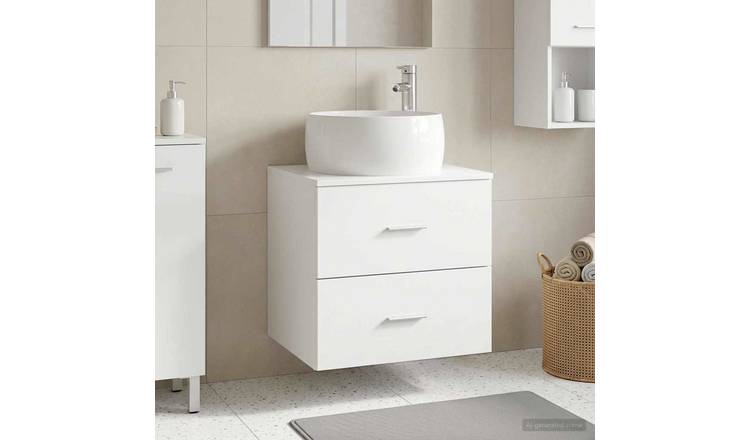 Walplus 2 Drawer Wall Mounted Sink Cabinet - Grey & Oak - 49.5 x 44.5 x 66.5 cm